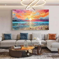 Oil painting Hand painted Impressionist Seaside Sunset Oil Painting On Canvas Modern Seascape Painting Abstract Colorful landscape painting Wall Art painting for Living room Home Decor