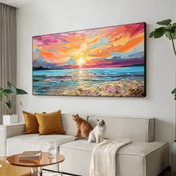 Oil painting Hand painted Impressionist Seaside Sunset Oil Painting On Canvas Modern Seascape Painting Abstract Colorful landscape painting Wall Art painting for Living room Home Decor