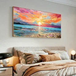 Oil painting Hand painted Impressionist Seaside Sunset Oil Painting On Canvas Modern Seascape Painting Abstract Colorful landscape painting Wall Art painting for Living room Home Decor