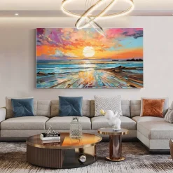 Oil painting Hand painted Impressionist Seaside Sunset Oil Painting On Canvas Modern Seascape Painting Abstract Colorful landscape painting Wall Art painting for Living room Home Decor