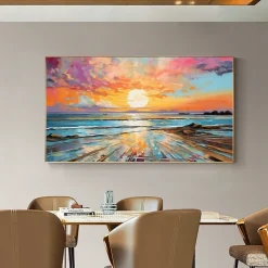 Oil painting Hand painted Impressionist Seaside Sunset Oil Painting On Canvas Modern Seascape Painting Abstract Colorful landscape painting Wall Art painting for Living room Home Decor
