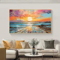 Oil painting Hand painted Impressionist Seaside Sunset Oil Painting On Canvas Modern Seascape Painting Abstract Colorful landscape painting Wall Art painting for Living room Home Decor