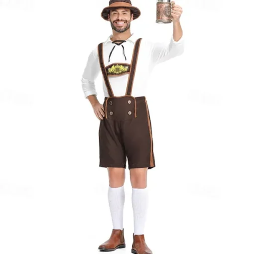 Oktoberfest Cosplay Costume Lederhosen Shirt Outfits Bavarian Munich Wiesn Men's Festival Traditional Style Cloth Blouse Shorts Hat