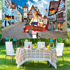 Oktoberfest Festival Decorations 5.90 x 2.95 ft Extra Large Bavarian Street Scenery Backdrop Banner Background Photo Booth with Rope Germany Beer Party Game Supplies