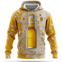 Oktoberfest Men's 3D Print Beer Hoodies Sweatshirt Cool Party Long Sleeve Crew Neck Club Streetwear Light Yellow White Drawstring Graphic Fall Winter Designer