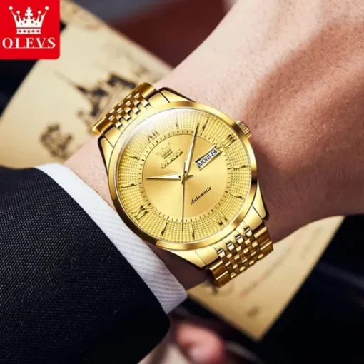 OLEVS 6657 Men's Luxury Brand Automatic Watch Business Calendar 50m Waterproof Mechanical Watch Gold Sapphire Mirror Men's Watch