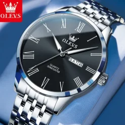 OLEVS 3633 New Men's Watch Fashion Simple Roman Numbers Scale Stainless Steel Quartz Watch for Men Auto Date Business Wristwatch