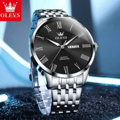 OLEVS 3633 New Men's Watch Fashion Simple Roman Numbers Scale Stainless Steel Quartz Watch for Men Auto Date Business Wristwatch