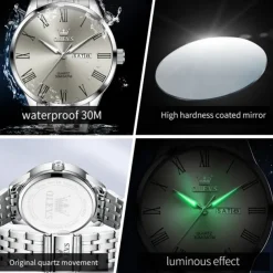 OLEVS 3633 New Men's Watch Fashion Simple Roman Numbers Scale Stainless Steel Quartz Watch for Men Auto Date Business Wristwatch