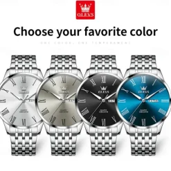 OLEVS 3633 New Men's Watch Fashion Simple Roman Numbers Scale Stainless Steel Quartz Watch for Men Auto Date Business Wristwatch
