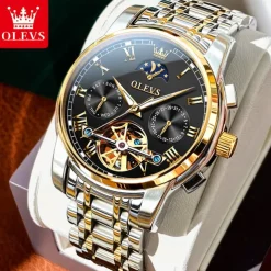 OLEVS Men Mechanical Watch Fashion Business Wristwatch Automatic Self-winding Moon phase Luminous Waterproof Steel Watch