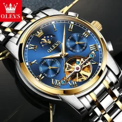 OLEVS Men Mechanical Watch Fashion Business Wristwatch Automatic Self-winding Moon phase Luminous Waterproof Steel Watch