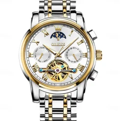 OLEVS Men Mechanical Watch Fashion Business Wristwatch Automatic Self-winding Moon phase Luminous Waterproof Steel Watch