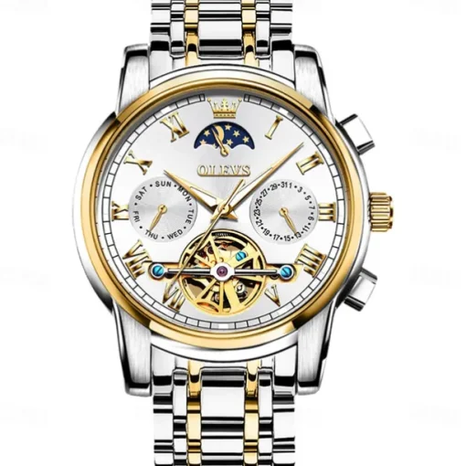 OLEVS Men Mechanical Watch Fashion Business Wristwatch Automatic Self-winding Moon phase Luminous Waterproof Steel Watch