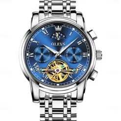 OLEVS Men Mechanical Watch Fashion Business Wristwatch Automatic Self-winding Moon phase Luminous Waterproof Steel Watch