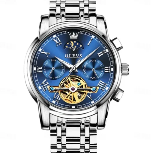 OLEVS Men Mechanical Watch Fashion Business Wristwatch Automatic Self-winding Moon phase Luminous Waterproof Steel Watch