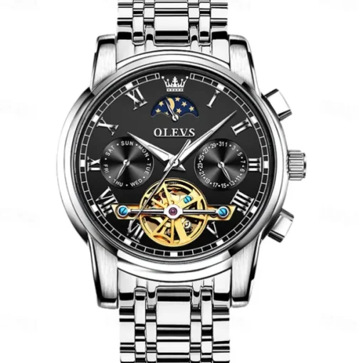 OLEVS Men Mechanical Watch Fashion Business Wristwatch Automatic Self-winding Moon phase Luminous Waterproof Steel Watch