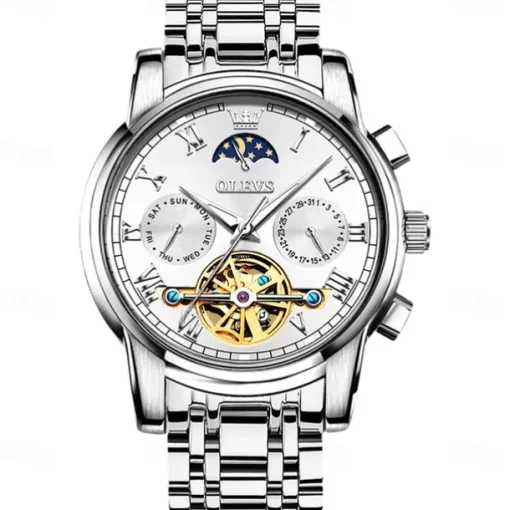 OLEVS Men Mechanical Watch Fashion Business Wristwatch Automatic Self-winding Moon phase Luminous Waterproof Steel Watch