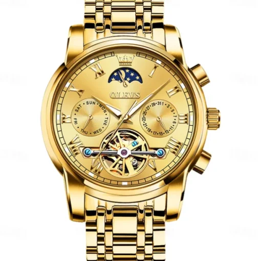 OLEVS Men Mechanical Watch Fashion Business Wristwatch Automatic Self-winding Moon phase Luminous Waterproof Steel Watch