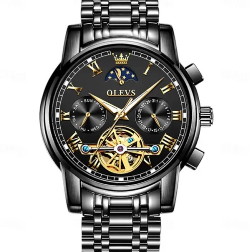 OLEVS Men Mechanical Watch Fashion Business Wristwatch Automatic Self-winding Moon phase Luminous Waterproof Steel Watch