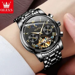 OLEVS Men Mechanical Watch Fashion Business Wristwatch Automatic Self-winding Moon phase Luminous Waterproof Steel Watch
