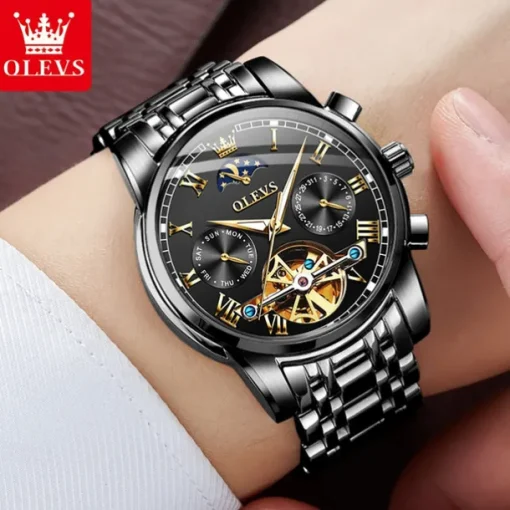 OLEVS Men Mechanical Watch Fashion Business Wristwatch Automatic Self-winding Moon phase Luminous Waterproof Steel Watch