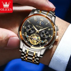 OLEVS Men Mechanical Watch Fashion Business Wristwatch Automatic Self-winding Moon phase Luminous Waterproof Steel Watch