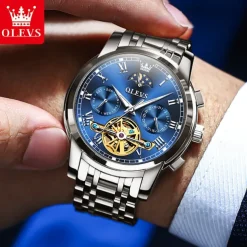 OLEVS Men Mechanical Watch Fashion Business Wristwatch Automatic Self-winding Moon phase Luminous Waterproof Steel Watch