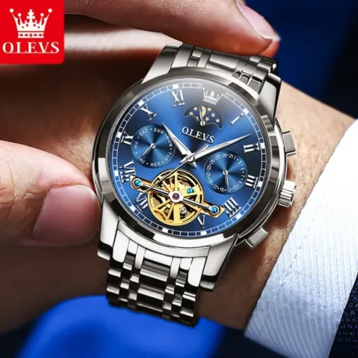 OLEVS Men Mechanical Watch Fashion Business Wristwatch Automatic Self-winding Moon phase Luminous Waterproof Steel Watch
