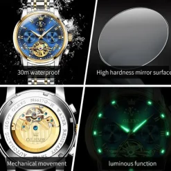 OLEVS Men Mechanical Watch Fashion Business Wristwatch Automatic Self-winding Moon phase Luminous Waterproof Steel Watch