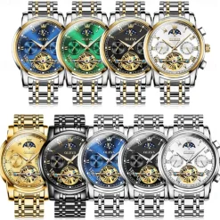 OLEVS Men Mechanical Watch Fashion Business Wristwatch Automatic Self-winding Moon phase Luminous Waterproof Steel Watch
