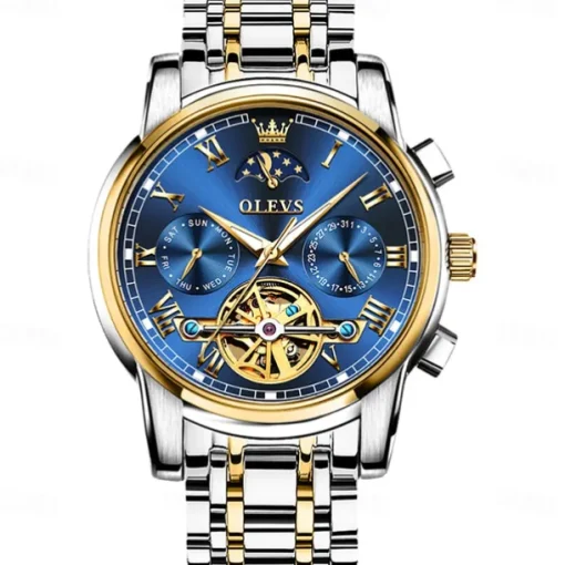 OLEVS Men Mechanical Watch Fashion Business Wristwatch Automatic Self-winding Moon phase Luminous Waterproof Steel Watch