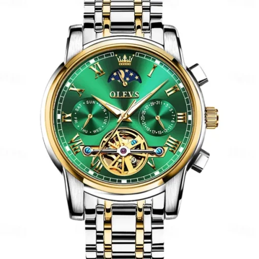 OLEVS Men Mechanical Watch Fashion Business Wristwatch Automatic Self-winding Moon phase Luminous Waterproof Steel Watch