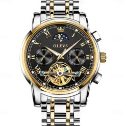 OLEVS Men Mechanical Watch Fashion Business Wristwatch Automatic Self-winding Moon phase Luminous Waterproof Steel Watch