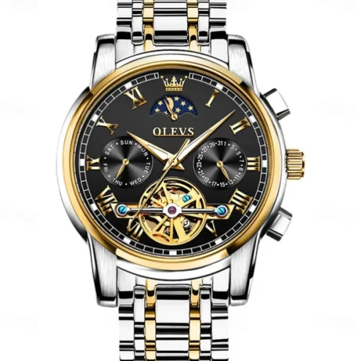 OLEVS Men Mechanical Watch Fashion Business Wristwatch Automatic Self-winding Moon phase Luminous Waterproof Steel Watch