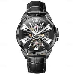 OLEVS Men Mechanical Watch Creative Outdoor Sports Fashion Hollow Skeleton Automatic Self-winding Luminous Waterproof Leather Watch