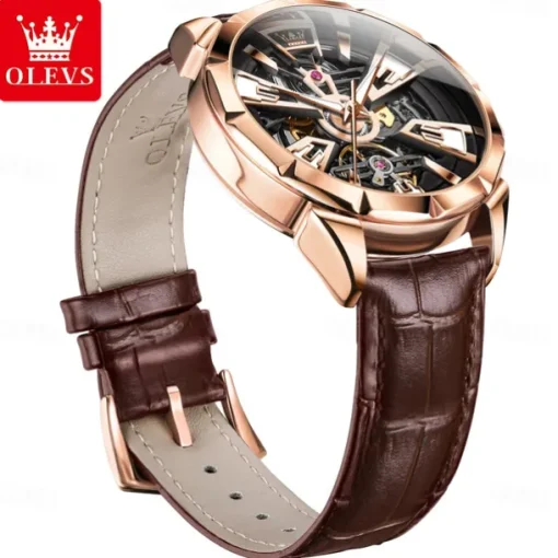 OLEVS Men Mechanical Watch Creative Outdoor Sports Fashion Hollow Skeleton Automatic Self-winding Luminous Waterproof Leather Watch
