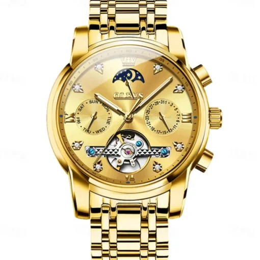 OLEVS Men Mechanical Watch Creative Outdoor Fashion Casual Automatic Self-winding Moon phase Luminous Calendar Steel Watch