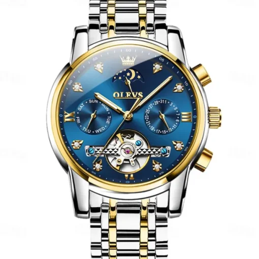 OLEVS Men Mechanical Watch Creative Outdoor Fashion Casual Automatic Self-winding Moon phase Luminous Calendar Steel Watch