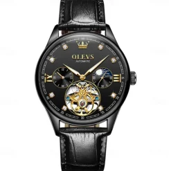 OLEVS Men Mechanical Watch Fashion Casual Wristwatch Automatic Self-winding Moon phase Luminous Waterproof Leather Watch