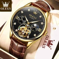OLEVS Men Mechanical Watch Fashion Casual Wristwatch Automatic Self-winding Moon phase Luminous Waterproof Leather Watch