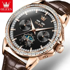 OLEVS Men Mechanical Watch Fashion Business Wristwatch Automatic Self-winding Moon phase Luminous Perpetual Calendar Steel Leather Watch