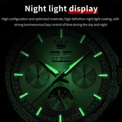 OLEVS Men Mechanical Watch Fashion Business Wristwatch Automatic Self-winding Moon phase Luminous Perpetual Calendar Steel Leather Watch