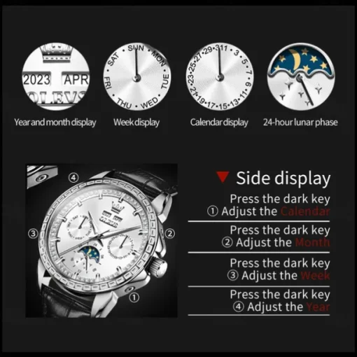 OLEVS Men Mechanical Watch Fashion Business Wristwatch Automatic Self-winding Moon phase Luminous Perpetual Calendar Steel Leather Watch