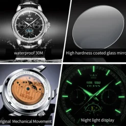 OLEVS Men Mechanical Watch Fashion Business Wristwatch Automatic Self-winding Moon phase Luminous Perpetual Calendar Steel Leather Watch