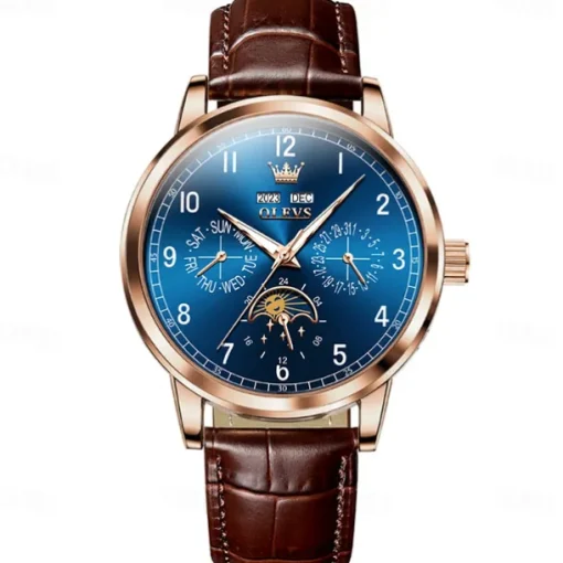 OLEVS Men Mechanical Watch Fashion Business Wristwatch Automatic Self-winding Moon phase Luminous Perpetual Calendar Leather Watch