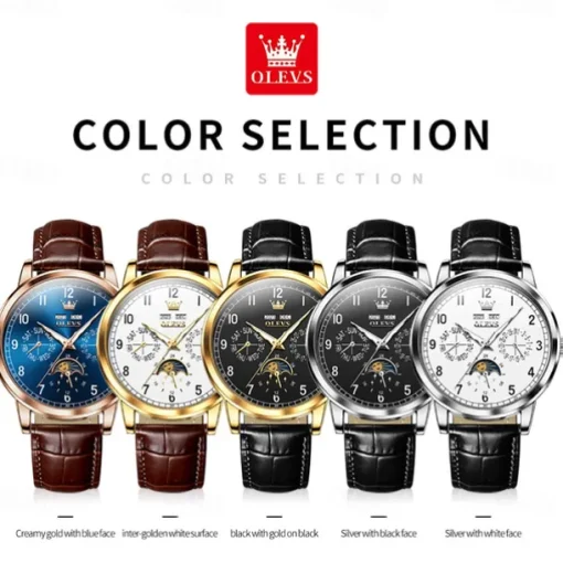 OLEVS Men Mechanical Watch Fashion Business Wristwatch Automatic Self-winding Moon phase Luminous Perpetual Calendar Leather Watch