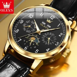 OLEVS Men Mechanical Watch Fashion Business Wristwatch Automatic Self-winding Moon phase Luminous Perpetual Calendar Leather Watch