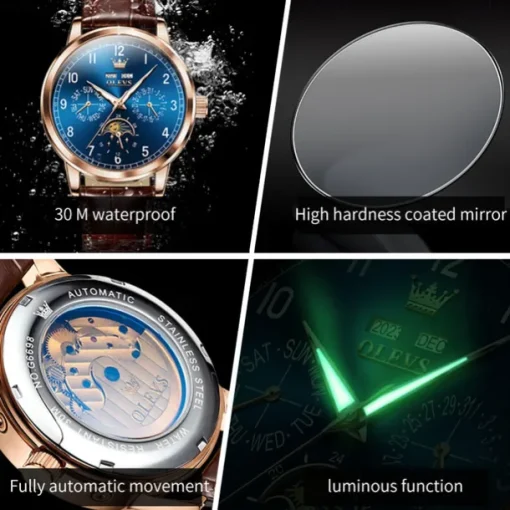 OLEVS Men Mechanical Watch Fashion Business Wristwatch Automatic Self-winding Moon phase Luminous Perpetual Calendar Leather Watch
