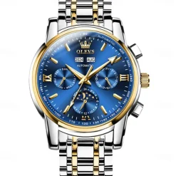 OLEVS Men Mechanical Watch Fashion Casual Business Wristwatch Automatic Self-winding Moon phase Luminous Calendar Steel Watch